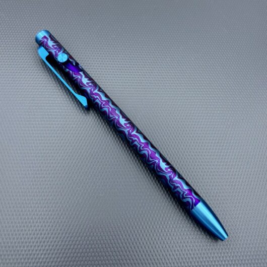 Tactile Turn - Titanium Slim Bolt Action Standard Size Pen Custom Sguigly Pattern Blue & Purple barrel w/color contrasted cap, screw, & bolt. - Image 6