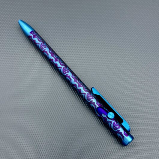 Tactile Turn - Titanium Slim Bolt Action Standard Size Pen Custom Sguigly Pattern Blue & Purple barrel w/color contrasted cap, screw, & bolt. - Image 4