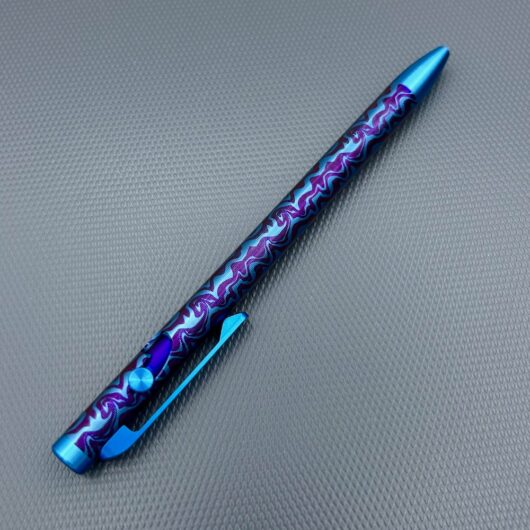 Tactile Turn - Titanium Slim Bolt Action Standard Size Pen Custom Sguigly Pattern Blue & Purple barrel w/color contrasted cap, screw, & bolt. - Image 3